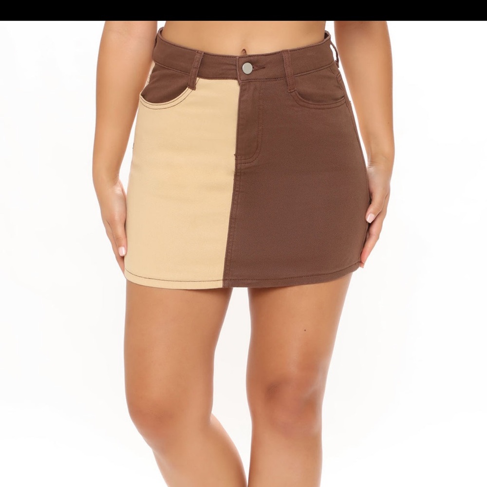 Brown and Crème Color Block Denim Skirt- Fashion Nova